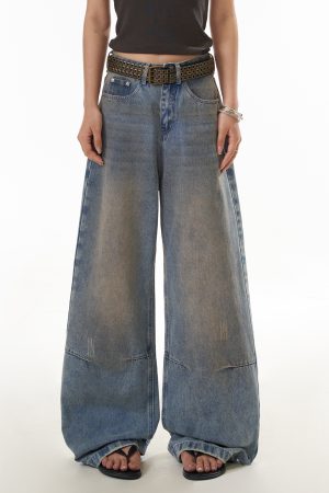 Women's Distressed Straight Leg Jeans - Loose Fit High Street Casual Pants in Dirty Dyed Style