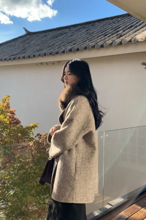 Women's Double-Faced Wool Coat with Collar - Elegant Small-Sized Korean Style Outerwear