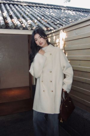 Women's Double-Faced Wool Coat with Collar - Elegant Small-Sized Korean Style Outerwear