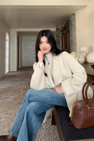 Women's Double-Faced Wool Coat with Collar - Elegant Small-Sized Korean Style Outerwear