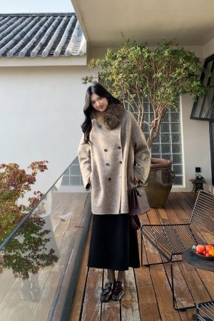 Women's Double-Faced Wool Coat with Collar - Elegant Small-Sized Korean Style Outerwear