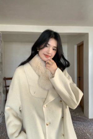 Women's Double-Faced Wool Coat with Collar - Elegant Small-Sized Korean Style Outerwear