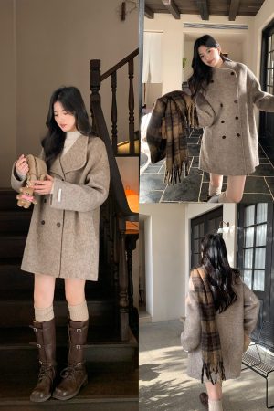 Women's Double-Faced Wool Coat with Collar - Elegant Small-Sized Korean Style Outerwear