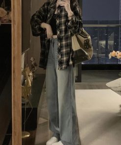 Women's Early Spring American Retro Long Sleeve Plaid Shirt - Trendy Mid-Length Jacket for Petite Sizes in Spring and Autumn