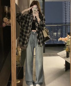 Women's Early Spring American Retro Long Sleeve Plaid Shirt - Trendy Mid-Length Jacket for Petite Sizes in Spring and Autumn