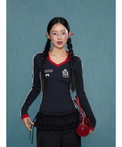 Women's Elegant V-Neck Slim Long Sleeve Top - 2025 Spring Autumn Shoulder T-Shirt, Perfect Base Layer for Casual and Chic Looks