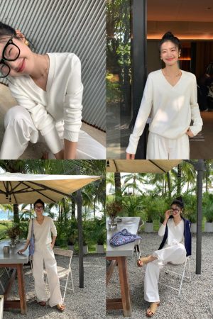 Women's Elegant V-Neck Sweater - Loose Fit, Slimming Knit Pullover Top for Spring & Autumn, High-End Quality Fashion