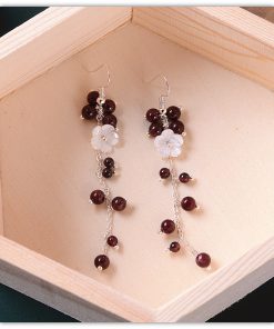 Women's Ethnic Style Super Long Red Agate Drop Earrings with Shell Flower Accent - Unique Face-Slimming Accessories