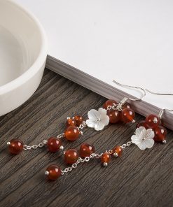 Women's Ethnic Style Super Long Red Agate Drop Earrings with Shell Flower Accent - Unique Face-Slimming Accessories