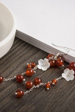 Women's Ethnic Style Super Long Red Agate Drop Earrings with Shell Flower Accent - Unique Face-Slimming Accessories