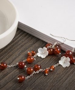 Women's Ethnic Style Super Long Red Agate Drop Earrings with Shell Flower Accent - Unique Face-Slimming Accessories