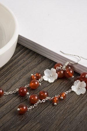 Women's Ethnic Style Super Long Red Agate Drop Earrings with Shell Flower Accent - Unique Face-Slimming Accessories