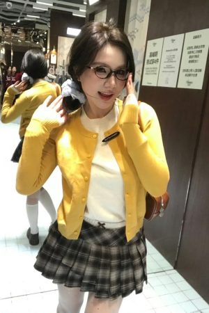Women's Fake Two-Piece Knitted Sweater Cardigan - Yellow College Style Pullover for Autumn Winter 2025