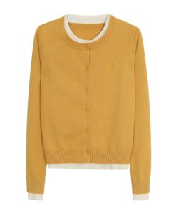 Women's Fake Two-Piece Knitted Sweater Cardigan - Yellow College Style Pullover for Autumn Winter 2025