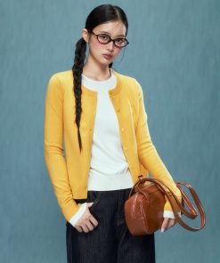 Women's Fake Two-Piece Knitted Sweater Cardigan - Yellow College Style Pullover for Autumn Winter 2025