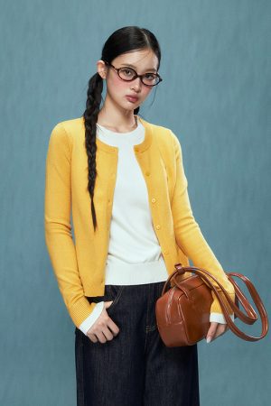 Women's Fake Two-Piece Knitted Sweater Cardigan - Yellow College Style Pullover for Autumn Winter 2025