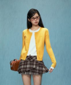 Women's Fake Two-Piece Knitted Sweater Cardigan - Yellow College Style Pullover for Autumn Winter 2025