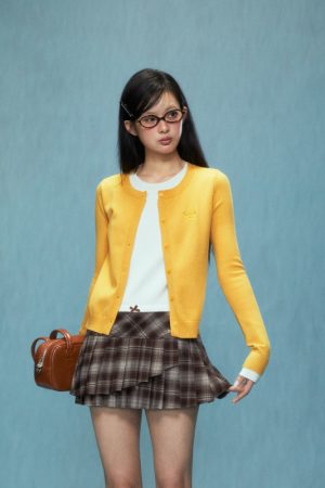 Women's Fake Two-Piece Knitted Sweater Cardigan - Yellow College Style Pullover for Autumn Winter 2025