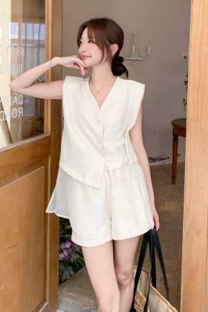 Women's Fake Two-Piece Spliced Sleeveless Vest Set - Stylish Summer 2025 French Fashion with Trendy Shorts