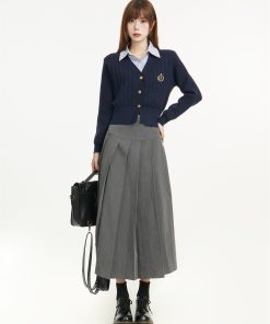 Women's Faux Two-Piece Knitted Top and Pleated Skirt Set - American College Style, Youthful Spring Fashion 2025