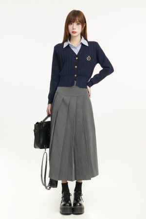 Women's Faux Two-Piece Knitted Top and Pleated Skirt Set - American College Style, Youthful Spring Fashion 2025