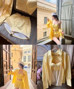 Women's Fitted Fishbone Top and Shorts Set - Pure Cotton Casual Outfit for a High-End Feel - Chic Summer Style