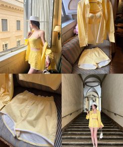 Women's Fitted Fishbone Top and Shorts Set - Pure Cotton Casual Outfit for a High-End Feel - Chic Summer Style