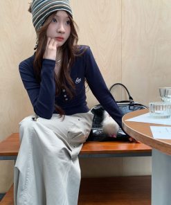 Women's Fitted Long-Sleeve T-Shirt with Front Button and Embroidered Logo - Versatile Basics in Multiple Colors