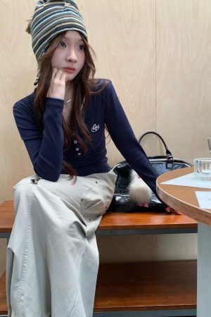 Women's Fitted Long-Sleeve T-Shirt with Front Button and Embroidered Logo - Versatile Basics in Multiple Colors