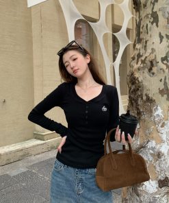 Women's Fitted Long-Sleeve T-Shirt with Front Button and Embroidered Logo - Versatile Basics in Multiple Colors