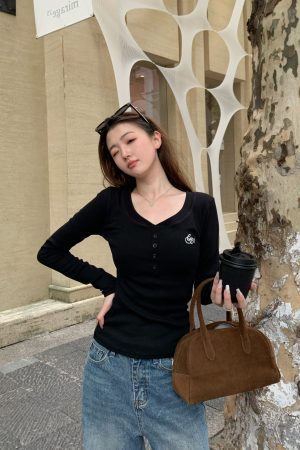 Women's Fitted Long-Sleeve T-Shirt with Front Button and Embroidered Logo - Versatile Basics in Multiple Colors