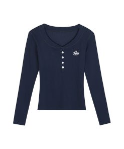 Women's Fitted Long-Sleeve T-Shirt with Front Button and Embroidered Logo - Versatile Basics in Multiple Colors
