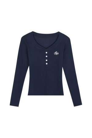 Women's Fitted Long-Sleeve T-Shirt with Front Button and Embroidered Logo - Versatile Basics in Multiple Colors