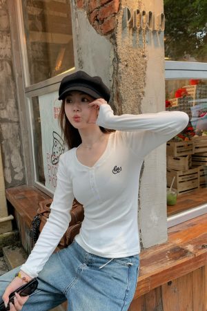 Women's Fitted Long-Sleeve T-Shirt with Front Button and Embroidered Logo - Versatile Basics in Multiple Colors
