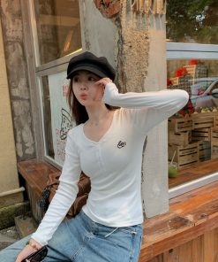 Women's Fitted Long-Sleeve T-Shirt with Front Button and Embroidered Logo - Versatile Basics in Multiple Colors