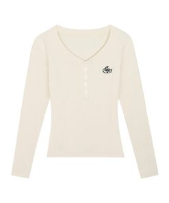 Women's Fitted Long-Sleeve T-Shirt with Front Button and Embroidered Logo - Versatile Basics in Multiple Colors