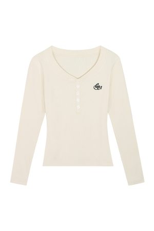 Women's Fitted Long-Sleeve T-Shirt with Front Button and Embroidered Logo - Versatile Basics in Multiple Colors