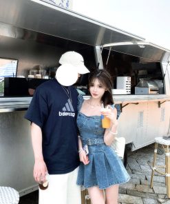 Women's French-Style Blue Denim Dress, Waist-Cinching, Spaghetti Strap, Pleated Short Skirt, Summer Fashion, Chic & Sexy Look