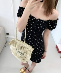 Women's French-Style Square Neck Butterfly Knot Printed Dress - Elegant One-Shoulder, Waist-Cinching Short Skirt for Summer, Petite Fashion