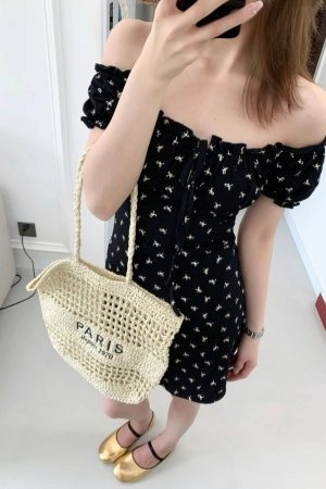 Women's French-Style Square Neck Butterfly Knot Printed Dress - Elegant One-Shoulder, Waist-Cinching Short Skirt for Summer, Petite Fashion