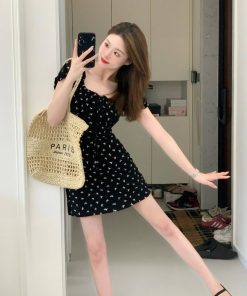 Women's French-Style Square Neck Butterfly Knot Printed Dress - Elegant One-Shoulder, Waist-Cinching Short Skirt for Summer, Petite Fashion