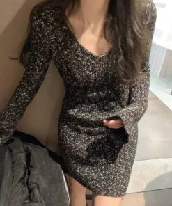 Women's French-Style V-Neck Knitted Dress - Elegant Pure Desire Inner Layer Black Short Skirt for Winter Fashion