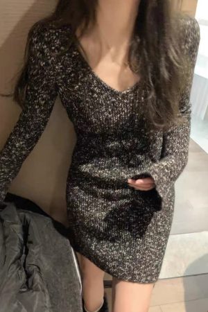 Women's French-Style V-Neck Knitted Dress - Elegant Pure Desire Inner Layer Black Short Skirt for Winter Fashion