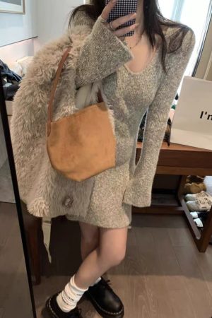 Women's French-Style V-Neck Knitted Dress - Elegant Pure Desire Inner Layer Black Short Skirt for Winter Fashion