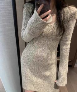 Women's French-Style V-Neck Knitted Dress - Elegant Pure Desire Inner Layer Black Short Skirt for Winter Fashion