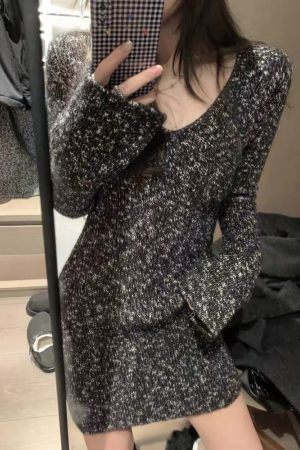 Women's French-Style V-Neck Knitted Dress - Elegant Pure Desire Inner Layer Black Short Skirt for Winter Fashion