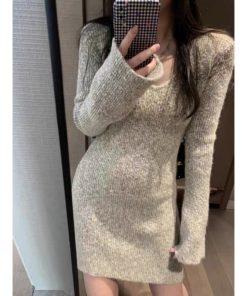 Women's French-Style V-Neck Knitted Dress - Elegant Pure Desire Inner Layer Black Short Skirt for Winter Fashion