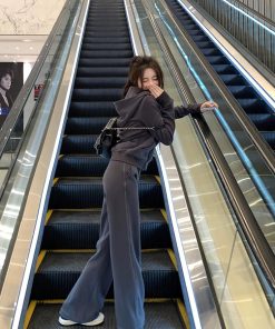 Women's Gray Casual Sports Suit - Hooded Sweatshirt & Pants Two-Piece Set for Autumn/Winter, Cozy & Stylish Activewear