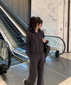 Women's Gray Casual Sports Suit - Hooded Sweatshirt & Pants Two-Piece Set for Autumn/Winter, Cozy & Stylish Activewear