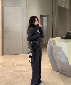 Women's Gray Casual Sports Suit - Hooded Sweatshirt & Pants Two-Piece Set for Autumn/Winter, Cozy & Stylish Activewear